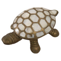 Vintage Brass Turtle with Inlaid Mother of Pearl Lidded Box
