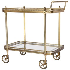 Vintage Brass Two-Tier Rolling Bar Cart with Glass Shelves