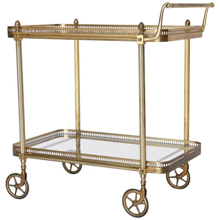 Vintage Brass TwoTier Rolling Bar Cart with Glass Shelves at 1stDibs