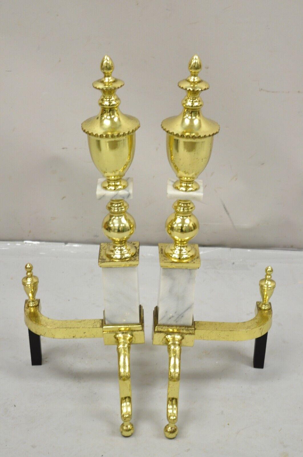 Vintage Brass Urn & Marble Federal Style Branch Leg Fireplace Andirons - a Pair For Sale 7