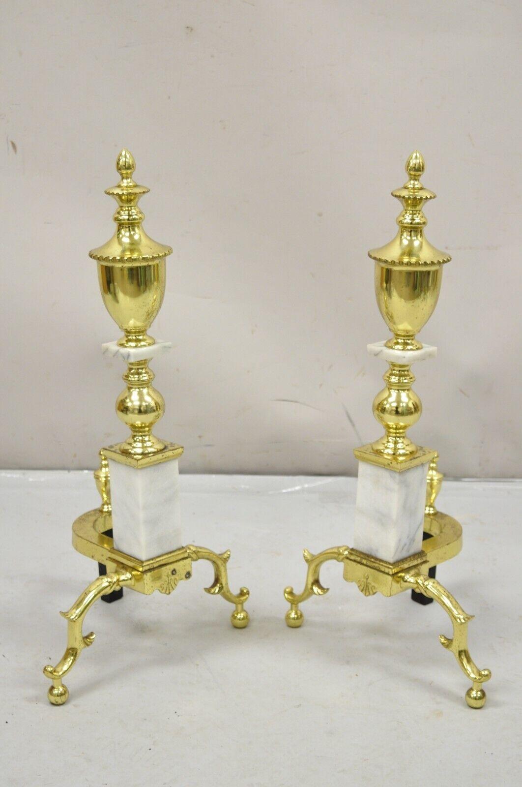 Vintage Brass Urn & Marble Federal Style Branch Leg Fireplace Andirons - a Pair. Circa Mid to Late 20th Century. Measurements: 25.25