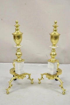 Vintage Brass Urn & Marble Federal Style Branch Leg Fireplace Andirons - a Pair