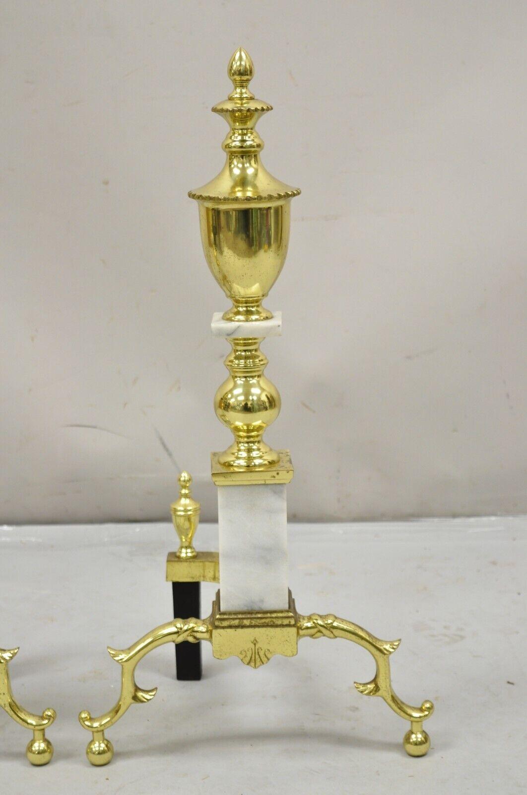 Vintage Brass Urn & Marble Federal Style Branch Leg Fireplace Andirons - a Pair In Good Condition For Sale In Philadelphia, PA
