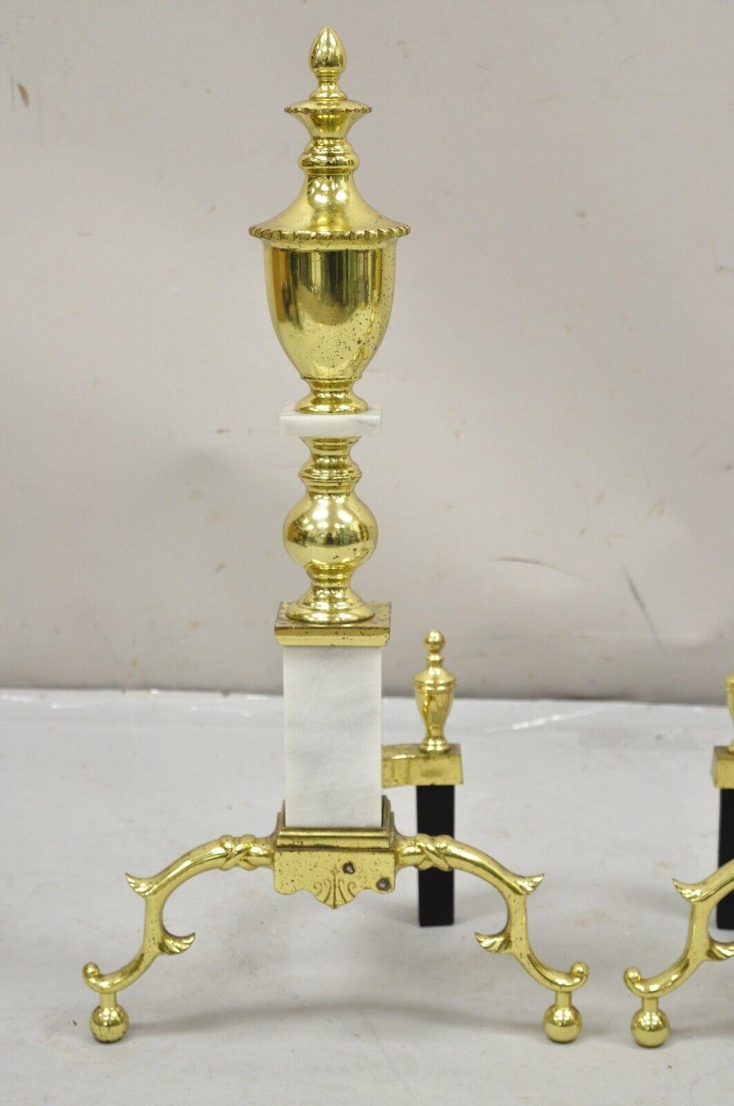 Vintage Brass Urn & Marble Federal Style Branch Leg Fireplace Andirons - a Pair For Sale 1