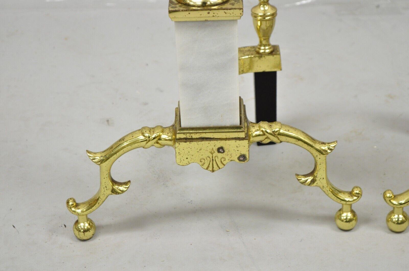 Vintage Brass Urn & Marble Federal Style Branch Leg Fireplace Andirons - a Pair For Sale 2