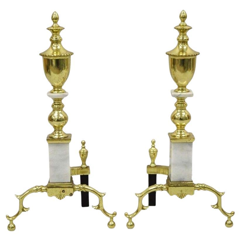 Vintage Brass Urn & Marble Federal Style Branch Leg Fireplace Andirons - a Pair For Sale
