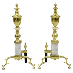 Vintage Brass Urn & Marble Federal Style Branch Leg Fireplace Andirons - a Pair