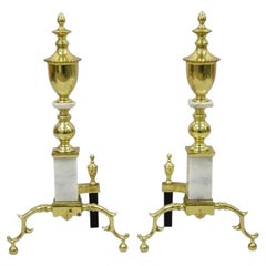Vintage Brass Urn & Marble Federal Style Branch Leg Fireplace Andirons - a Pair