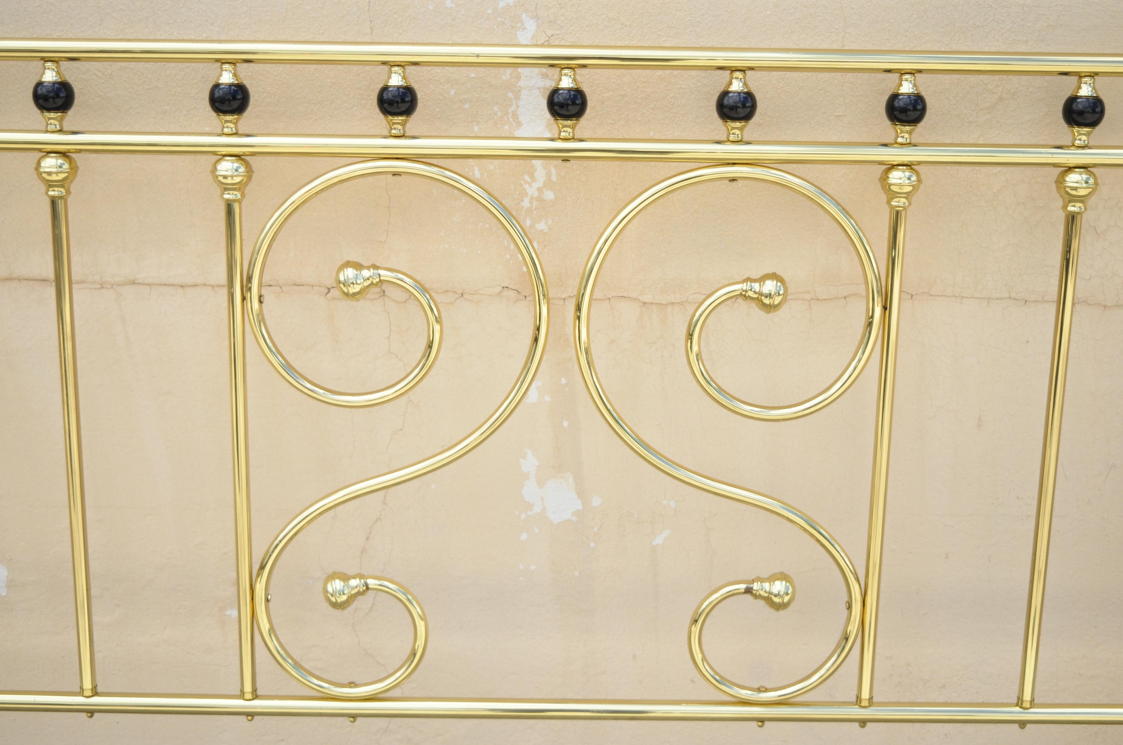 Vintage brass Victorian style king size bed headboard by Wesley Allen Inc. Item features the original label, quality American craftsmanship, great style and form, circa late 20th century. Measurements: 56