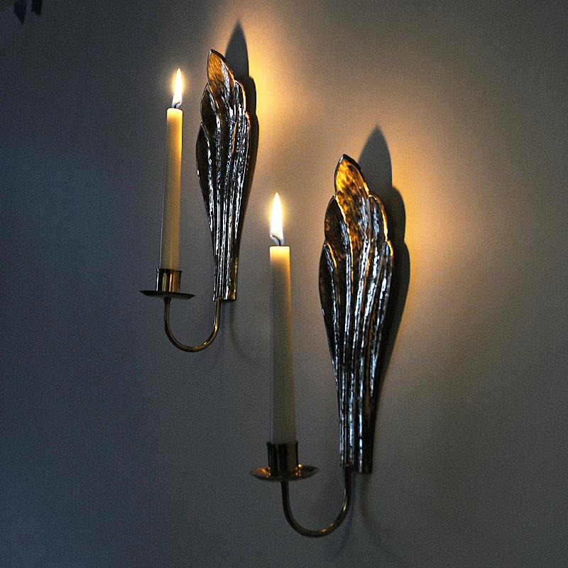 Polished Vintage Brass Wall Candleholder Pair by Lars Holmström 1960s, Sweden