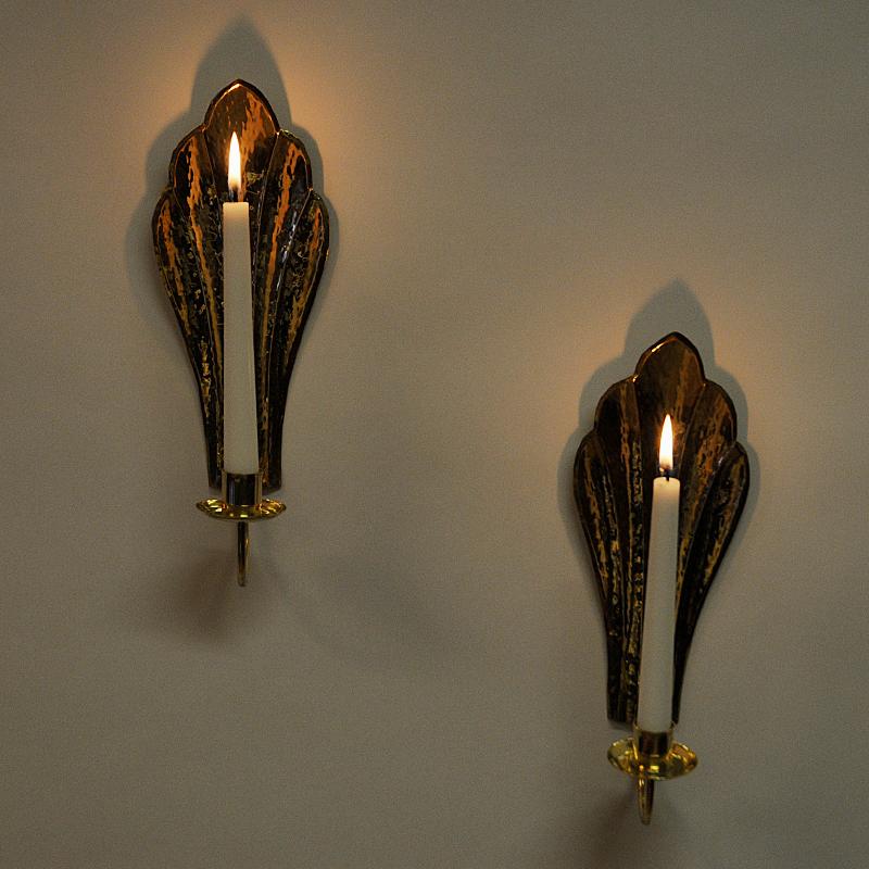 Mid-20th Century Vintage Brass Wall Candleholder Pair by Lars Holmström 1960s, Sweden