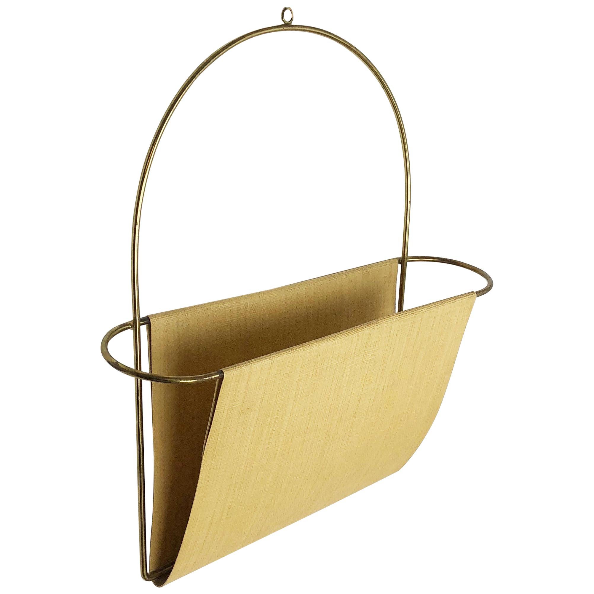 Vintage Brass Wall Hanging Magazine Holder, Austria, 1950s For Sale