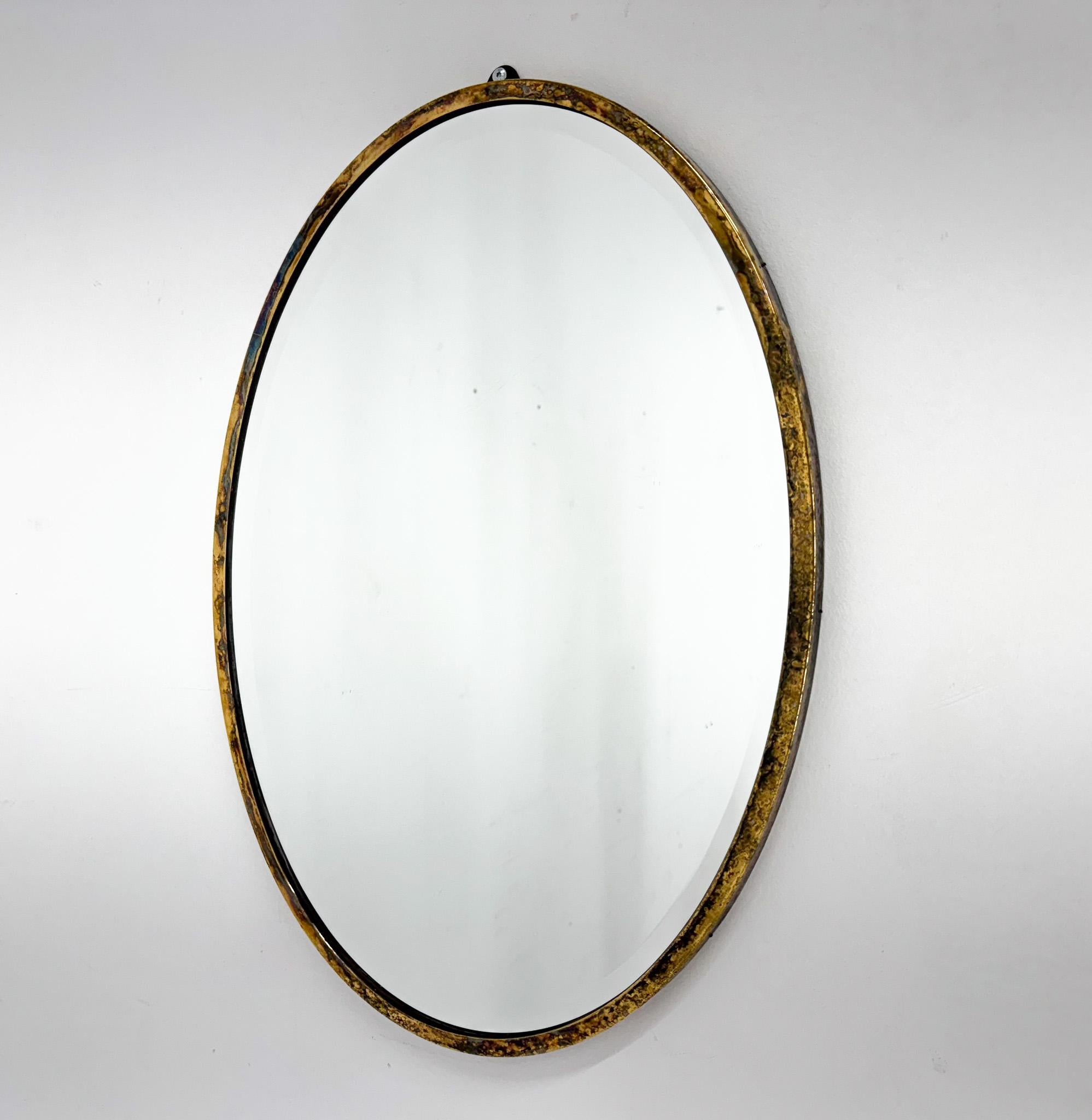 French Vintage Brass Wall Mirror with Facet, France For Sale