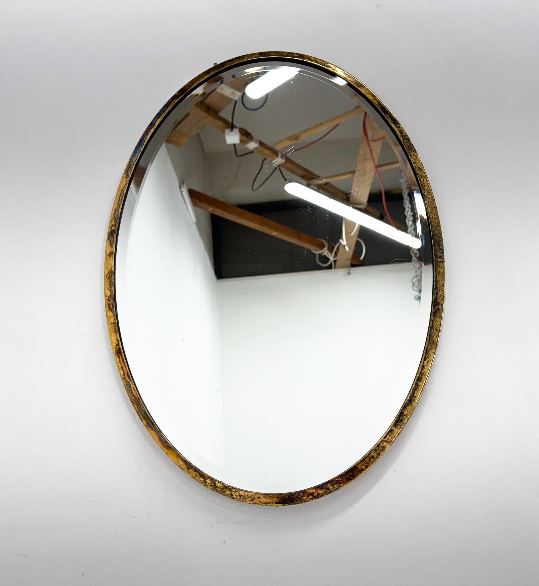 Vintage Brass Wall Mirror with Facet, France For Sale 1