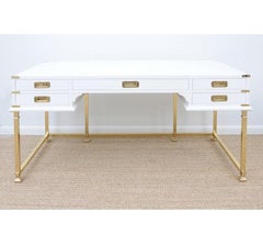 Vintage Brass and White Lacquered Campaign Style Writing Table/Desk