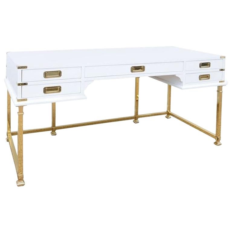 Vintage Brass and White Lacquered Campaign Style Writing Table/Desk