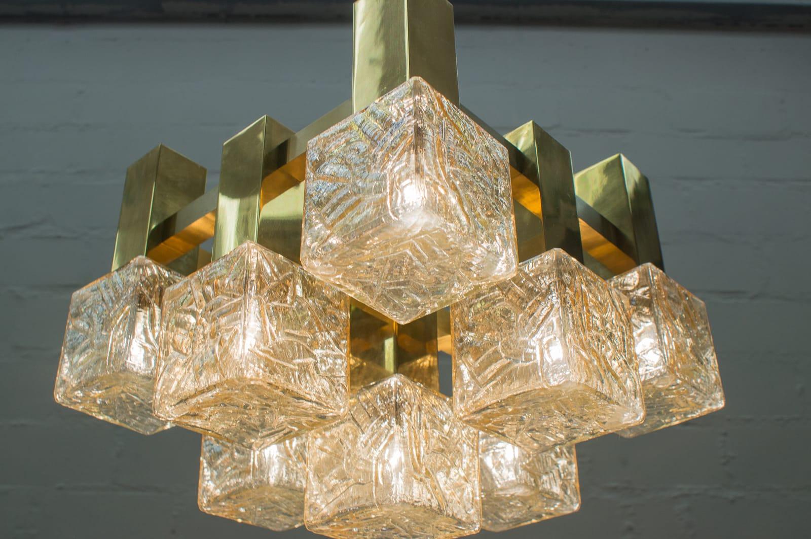 Vintage Brass with Chandelier with Square Glass Shades by Sciolari, Italy, 1960s 3