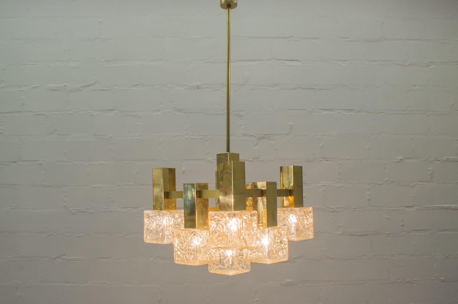 Hollywood Regency Vintage Brass with Chandelier with Square Glass Shades by Sciolari, Italy, 1960s