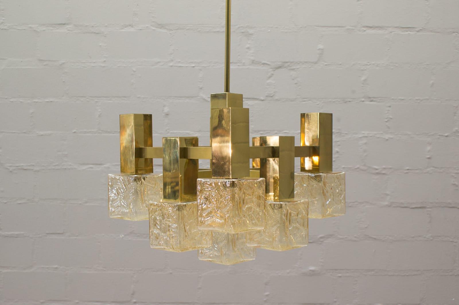 Italian Vintage Brass with Chandelier with Square Glass Shades by Sciolari, Italy, 1960s