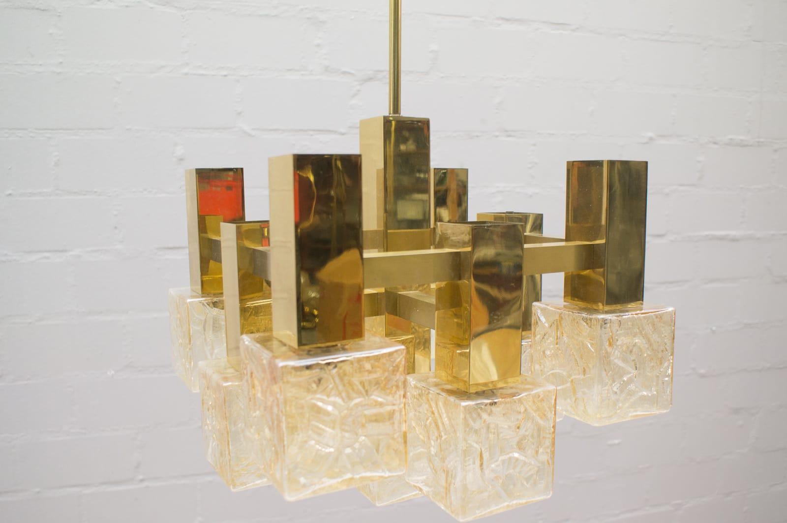 Vintage Brass with Chandelier with Square Glass Shades by Sciolari, Italy, 1960s In Good Condition In Nürnberg, Bayern