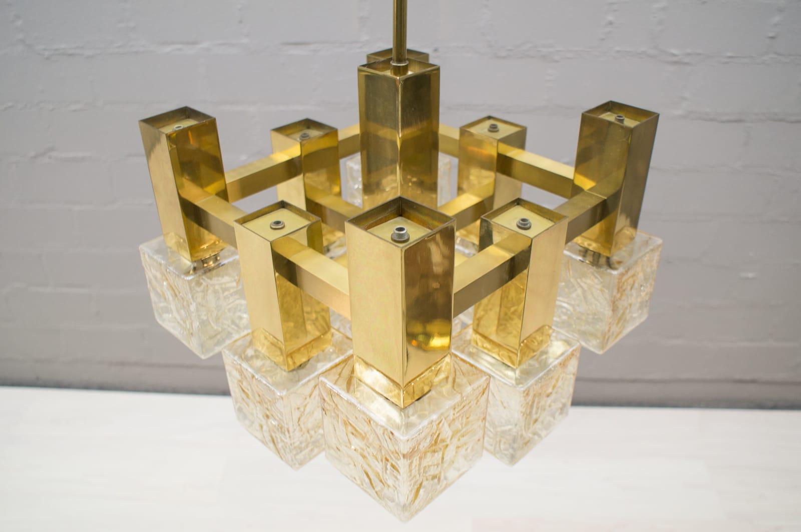 Mid-20th Century Vintage Brass with Chandelier with Square Glass Shades by Sciolari, Italy, 1960s