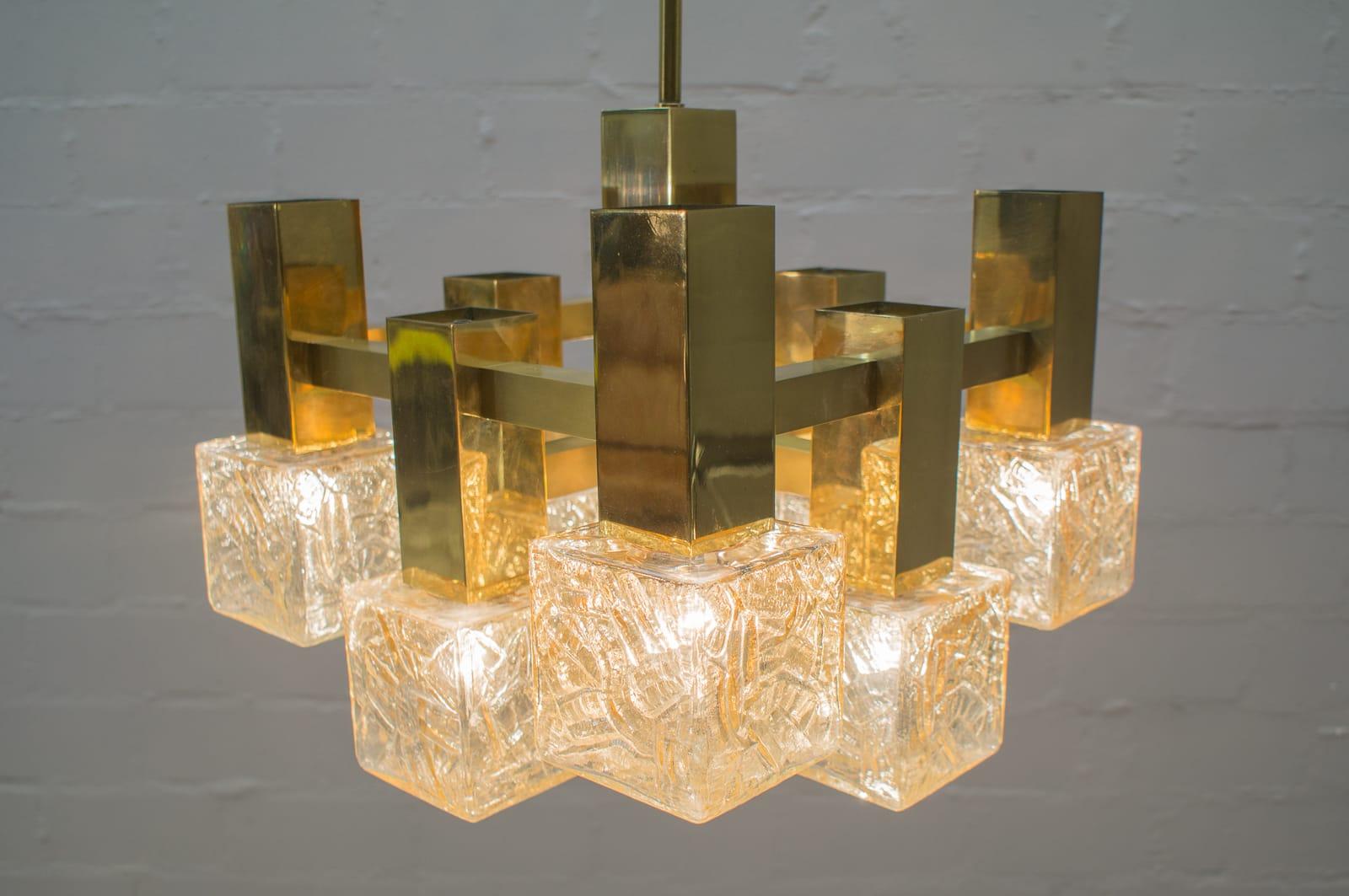 Vintage Brass with Chandelier with Square Glass Shades by Sciolari, Italy, 1960s 2