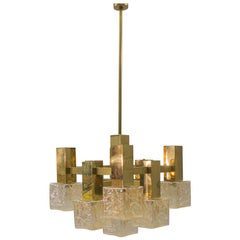 Vintage Brass with Chandelier with Square Glass Shades by Sciolari, Italy, 1960s