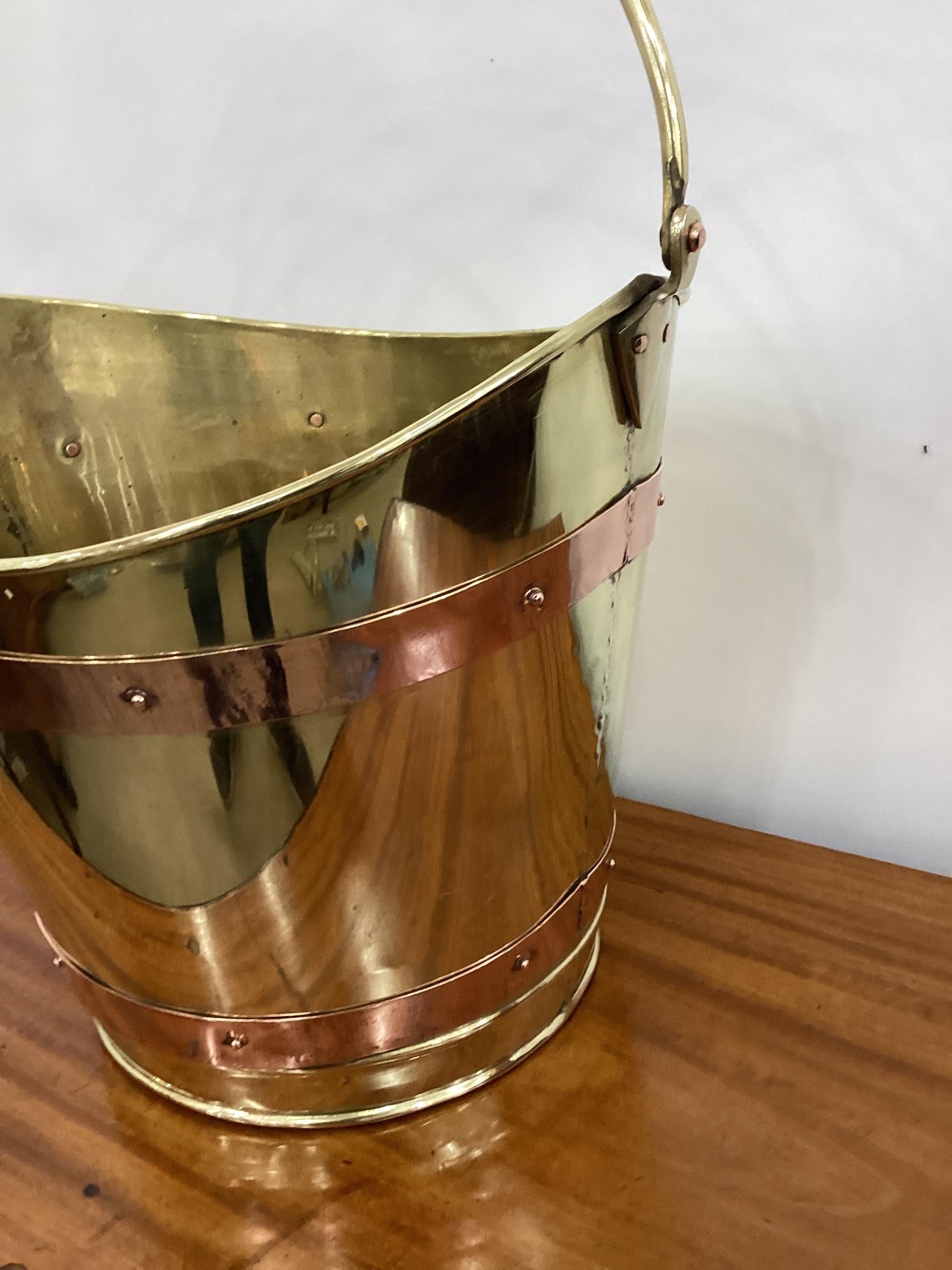 English Vintage Brass with Copper Banding Navette Form Bucket 