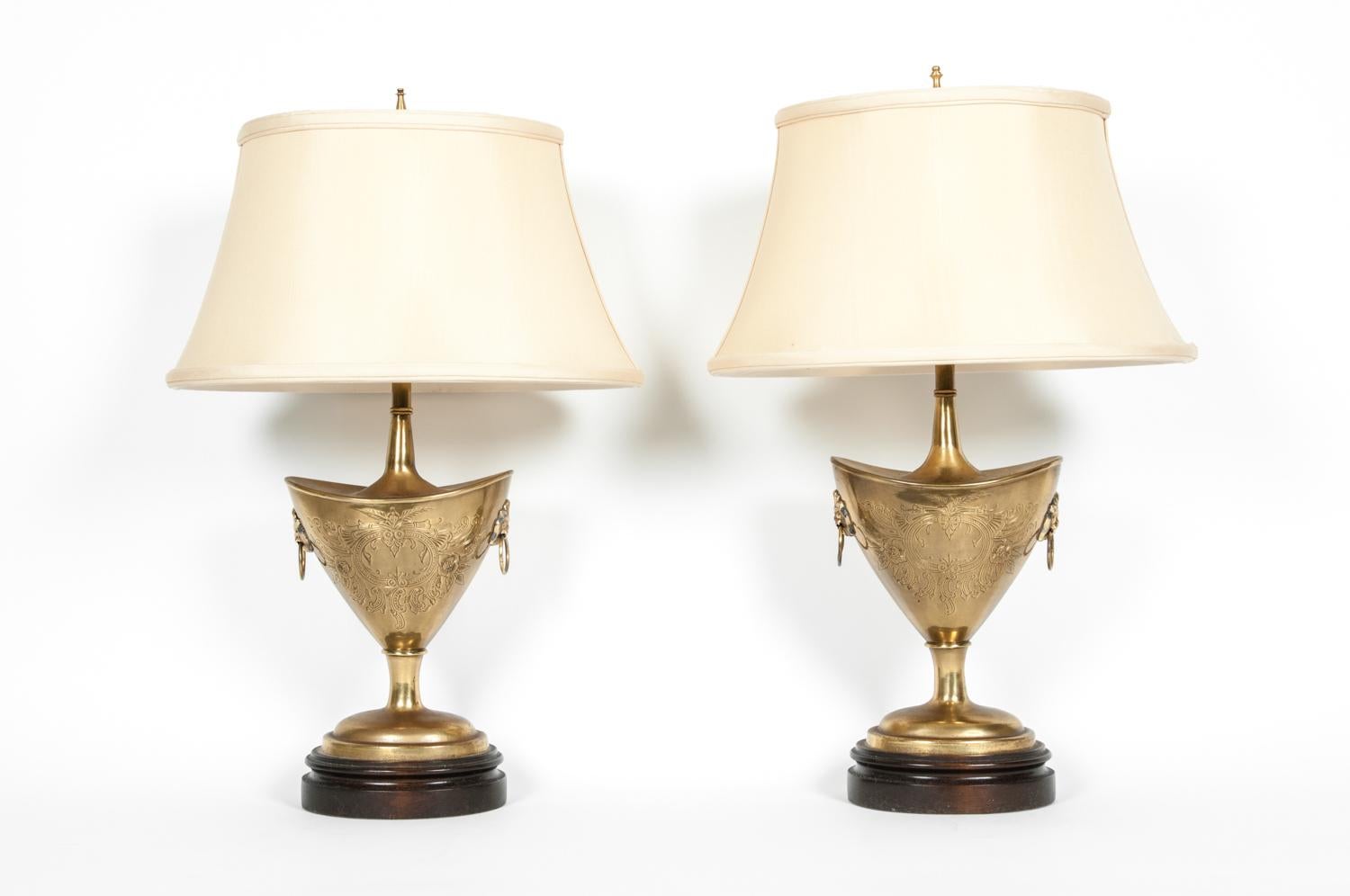 North American Vintage Brass with Wood Base Pair of Table Lamps