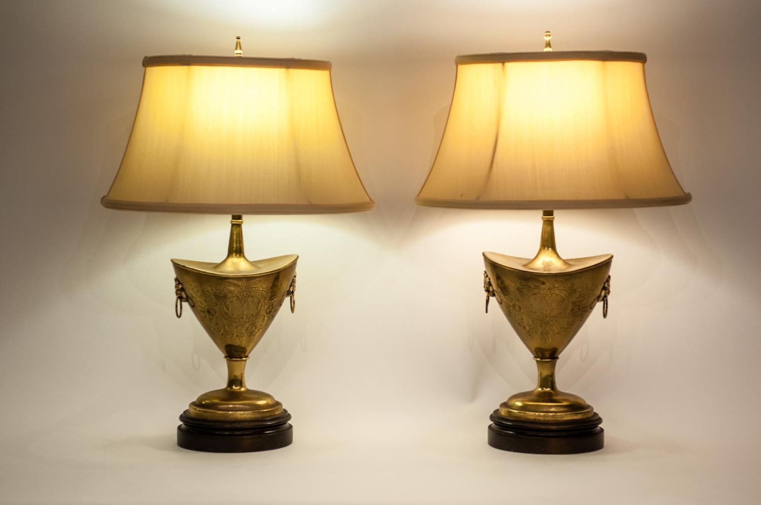 Vintage Brass with Wood Base Pair of Table Lamps 4