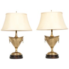 Antique Brass with Wood Base Pair of Table Lamps