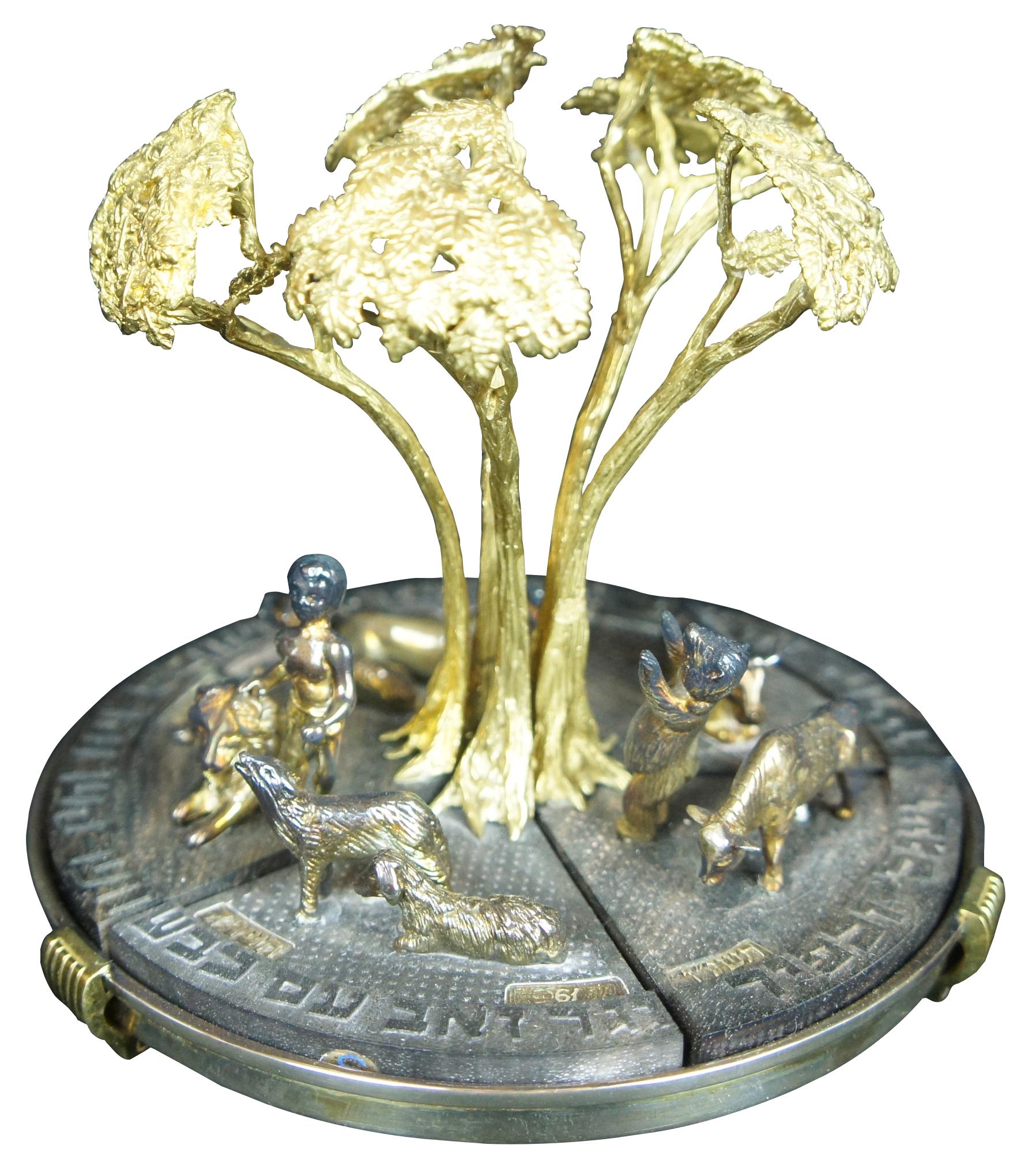Vintage Dudik Swed Masters Tree of Life statue or figurine.  Made in Israel consisting of silver, brass and wood featuring five pieces that sit in a dish in puzzle like form.  Features a man, a lion, a bear, oxen, cow, sheep, lamb, wolf and lions