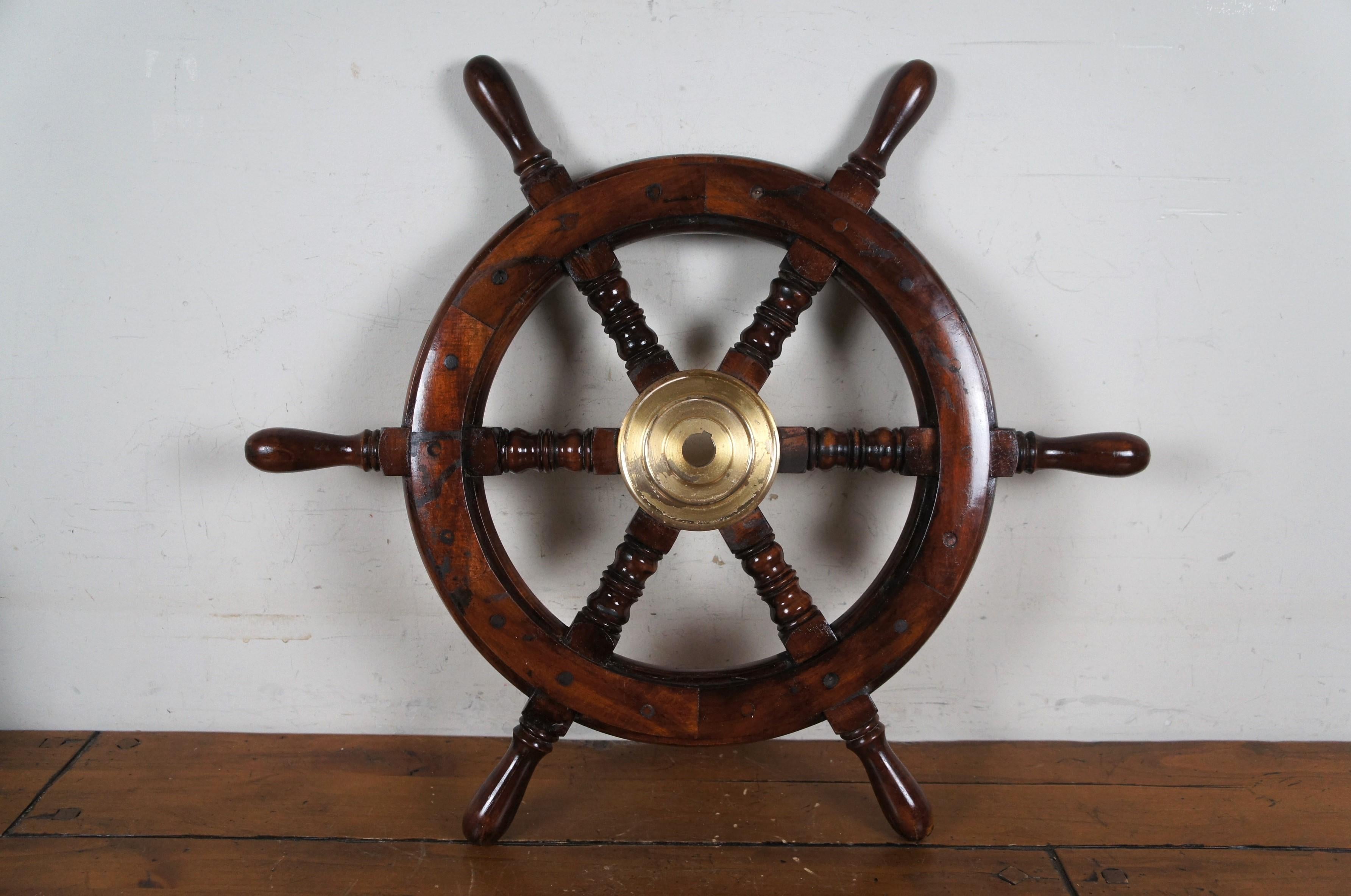 Vintage Brass & Wood Nautical Maritime 6 Spoke Sail Boat Ships Wheel Helm 24