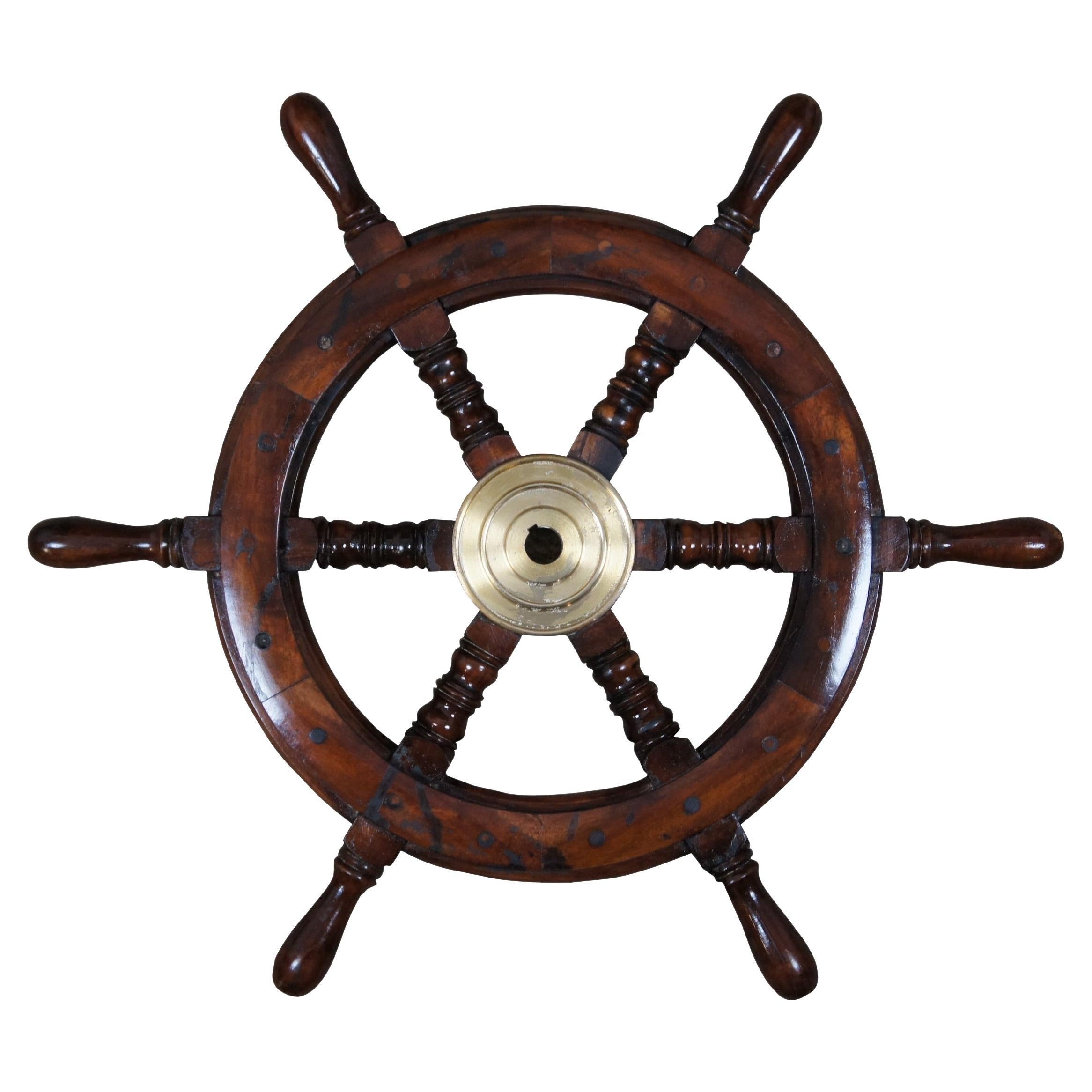 Vintage Messing & Holz Nautical Maritime 6 Löffel Segelboot Schiffsschiff Rad Helm 24"  im Angebot