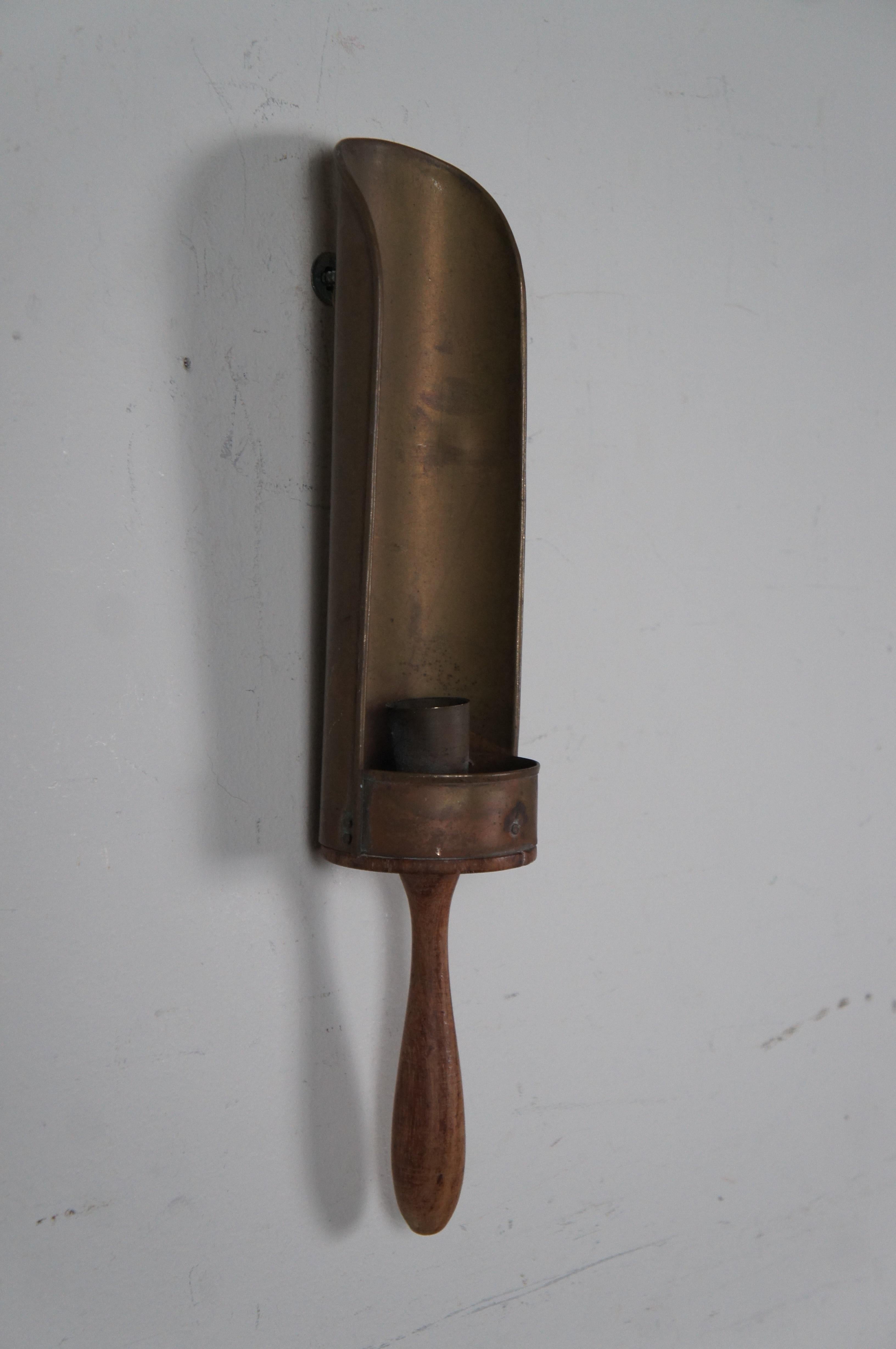 Vintage Brass & Wood Taper Candle Holder Handheld Sconce Lantern India 13