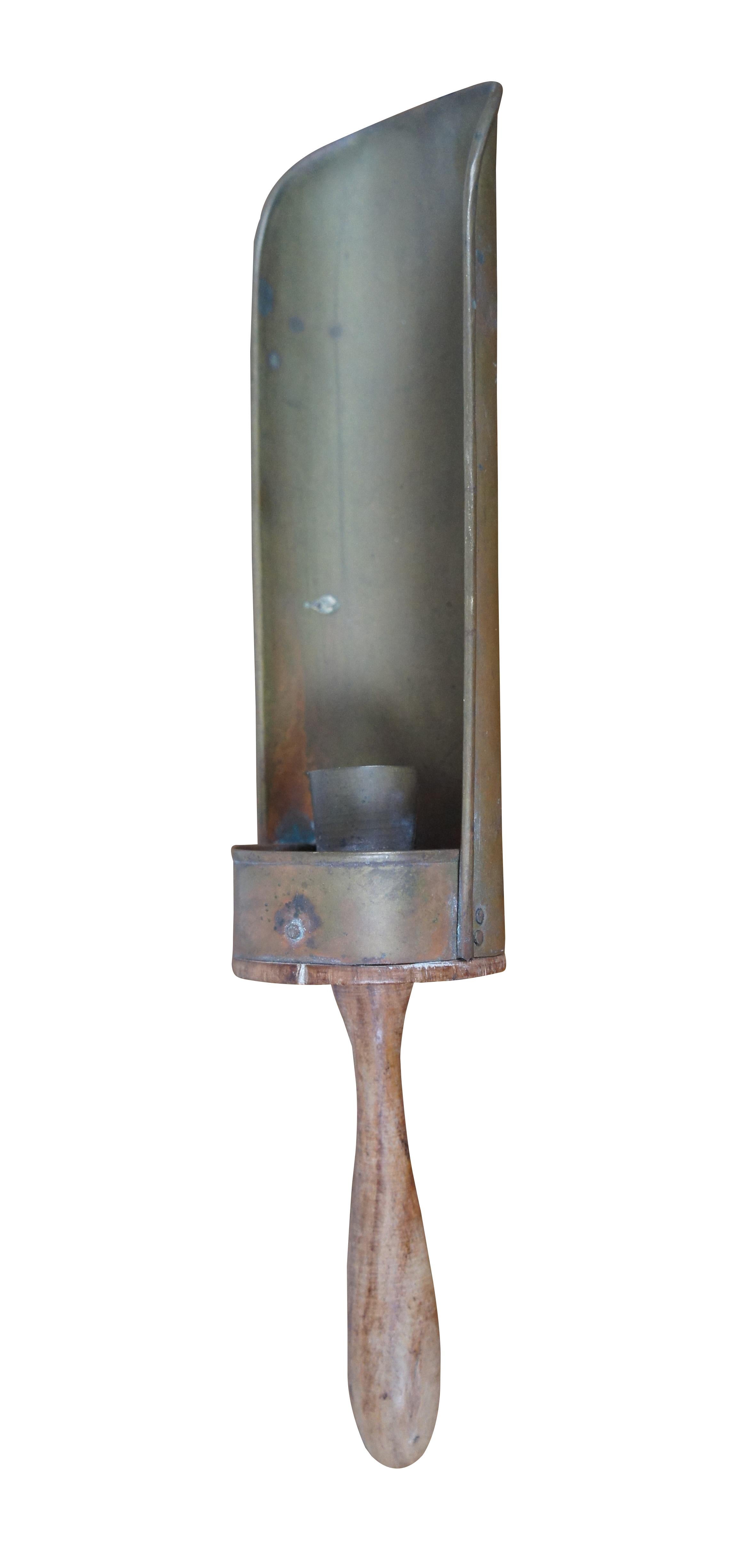 Rustic Vintage Brass & Wood Taper Candle Holder Handheld Sconce Lantern India 13