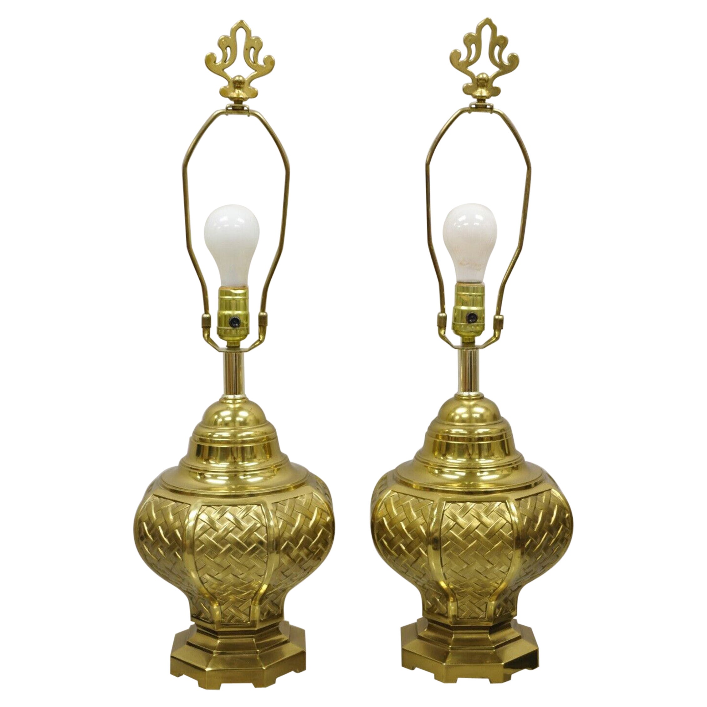 Vintage Brass Woven Basket Basketweave Hollywood Regency Table Lamps, a Pair