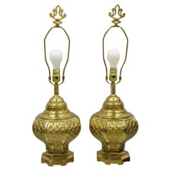 Vintage Brass Woven Basket Basketweave Hollywood Regency Table Lamps, a Pair