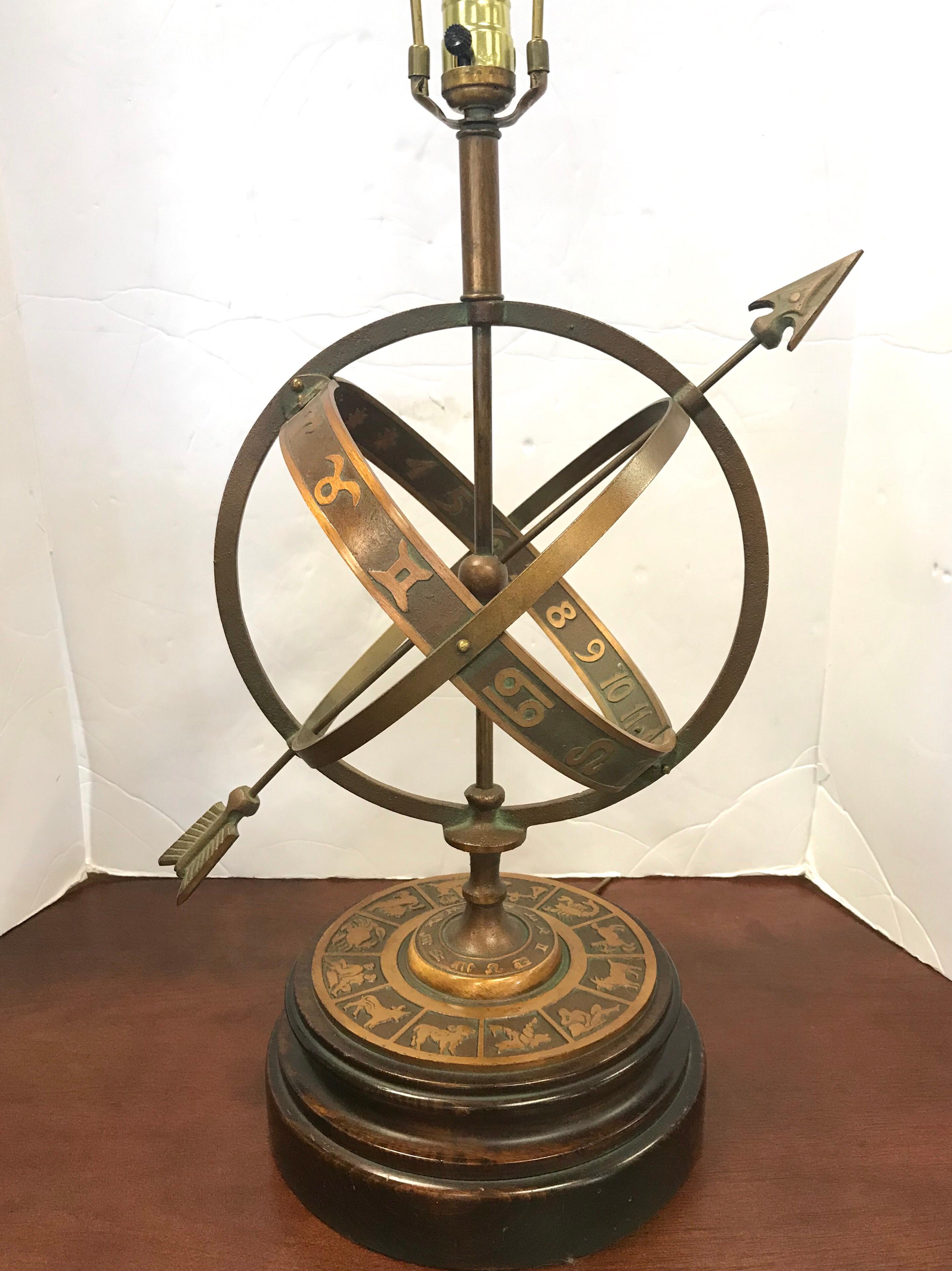 Mid-20th Century Vintage Brass Zodiac Astrological Armillary Sphere Lamp