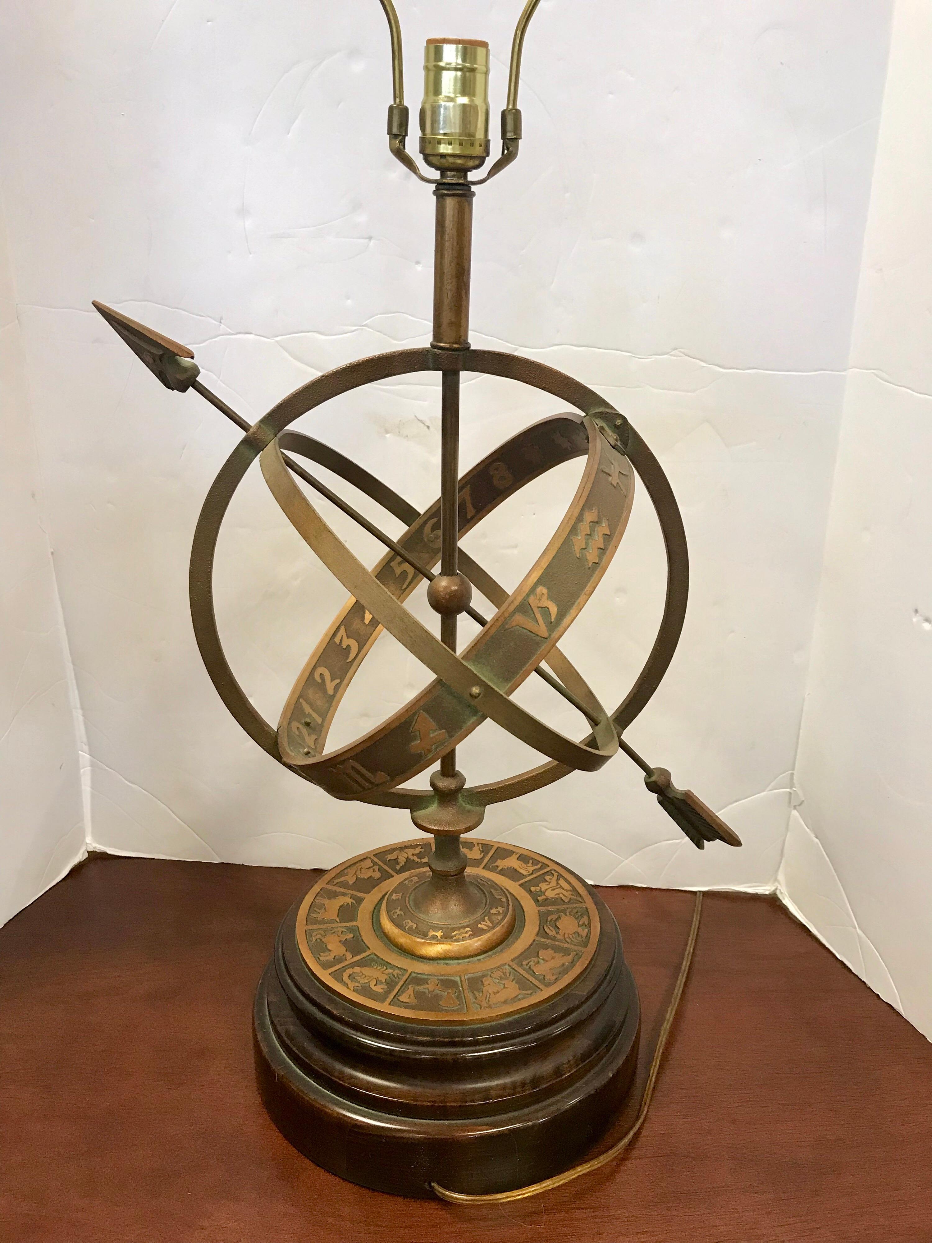 Wood Vintage Brass Zodiac Astrological Armillary Sphere Lamp