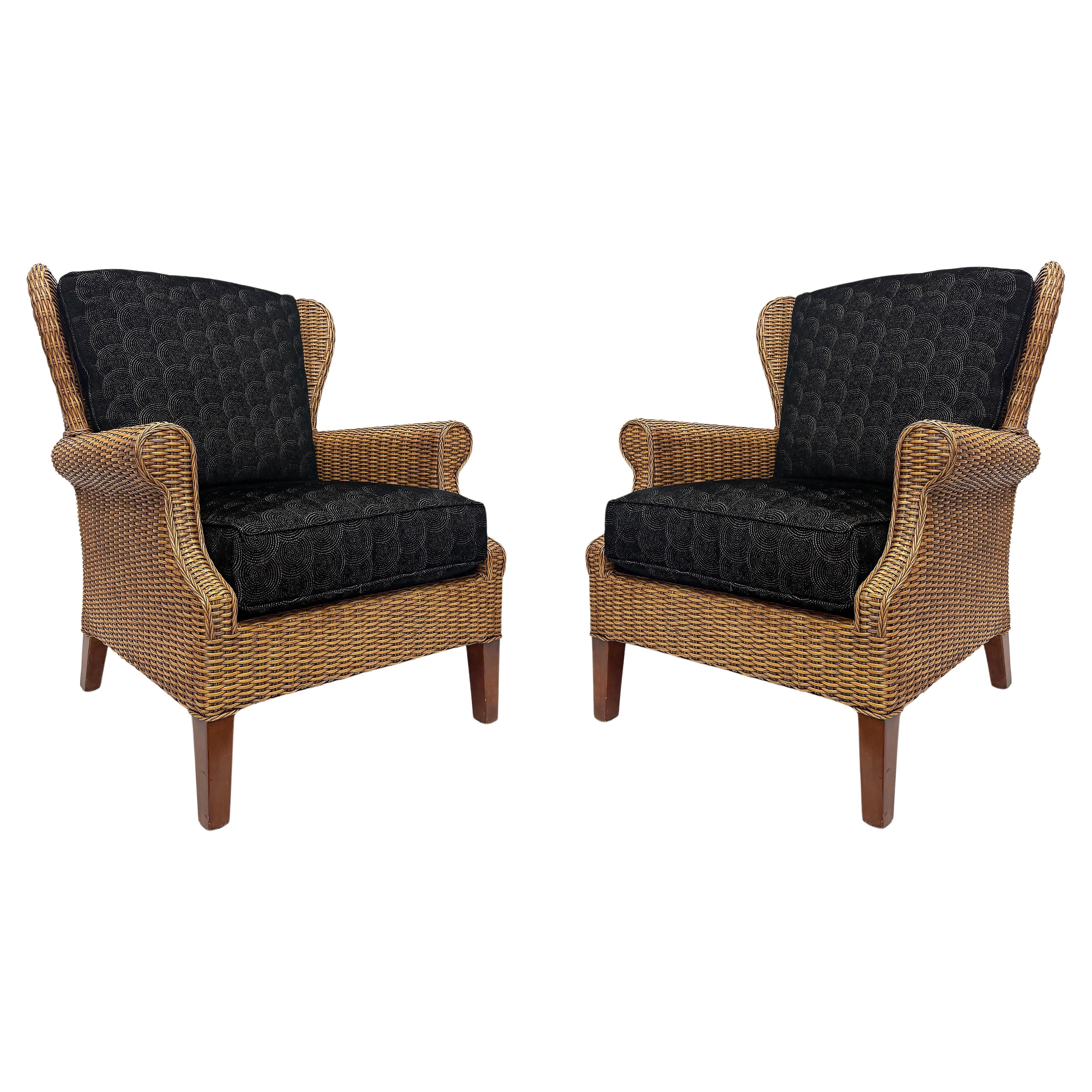 Vintage Braxton Culler Havana Woven Rattan Wingback Chairs, Pair