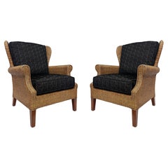 Vintage Braxton Culler Havana Woven Rattan Wingback Chairs, Pair