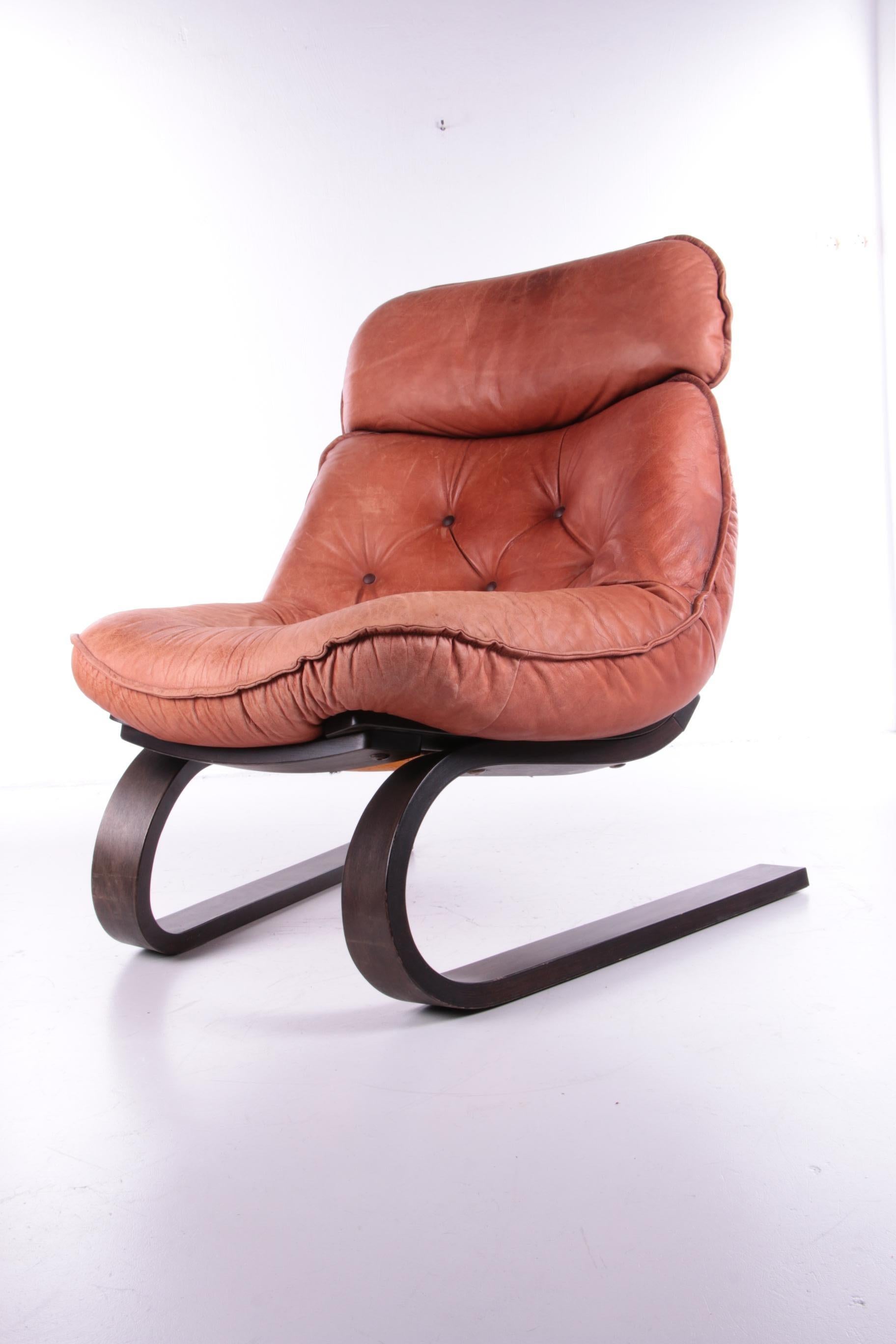 Late 20th Century Vintage Brazilian Armchair with Cognac Color Leather Seat Cushion, 70s For Sale
