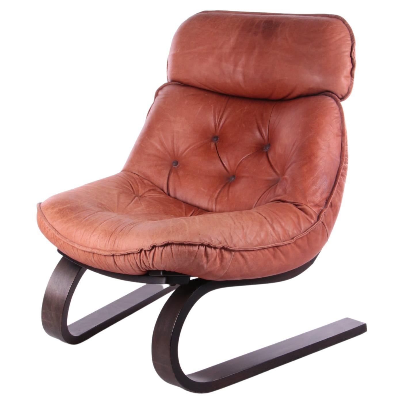 Vintage Brazilian Armchair with Cognac Color Leather Seat Cushion, 70s For Sale
