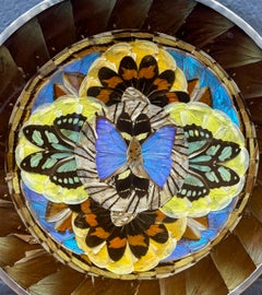 Vintage Brazilian Butterfly Wing Mosaic Tray Wall Art, Round Lucite and Steel