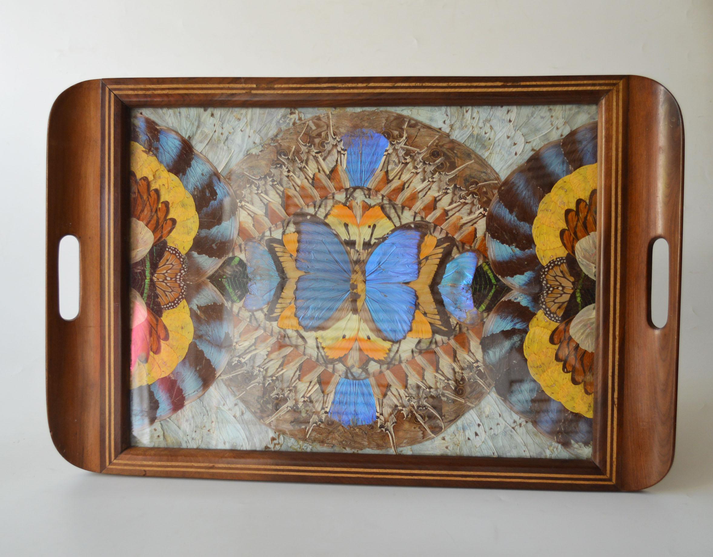 A fine vintage marquetry inlaid hard wood  tray with dazzling geometric patterns made from the wings of the brilliant iridescent Blue Morpho butterfly.  side carrying handles with  glass top and wood backing. A wonderful object for personal use or