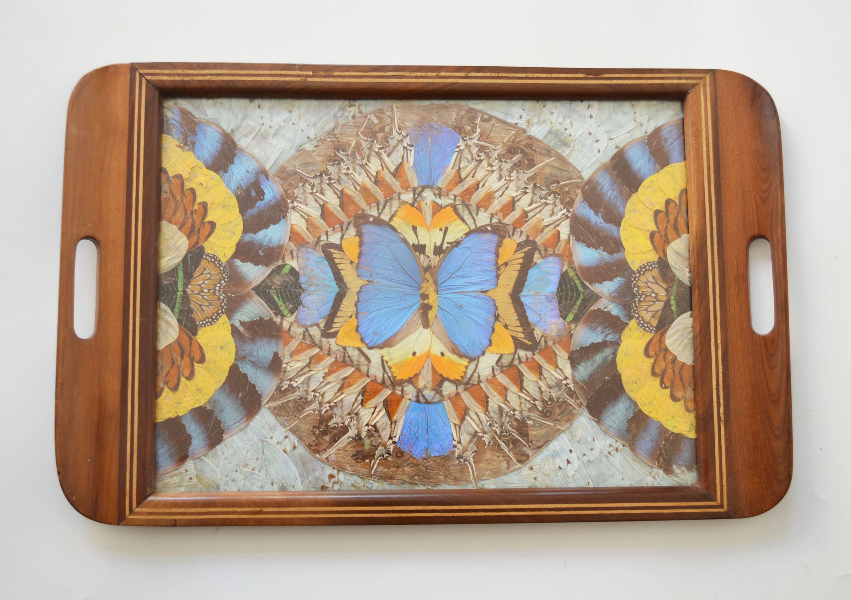 Vintage brasilianischen Intarsien Tablett Morpho Schmetterlingsflügel C 1940'S Home décor  (Brasilianisch) im Angebot