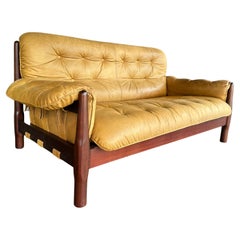 Vintage Brazilian Modernist Wood and Leather Loveseat