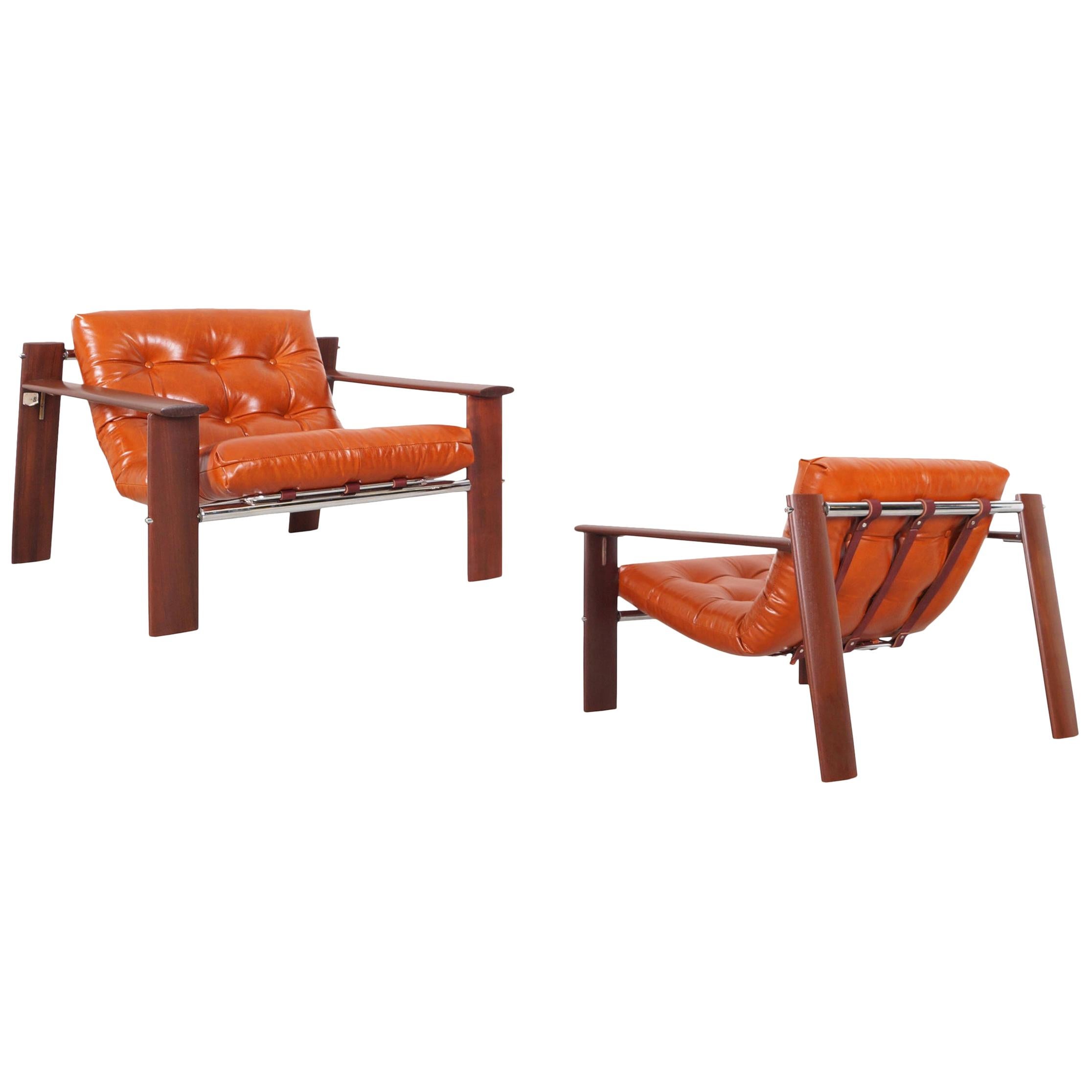 Vintage Brazilian MP-129 Jacaranda and Leather Lounge Chairs by Percival Lafer
