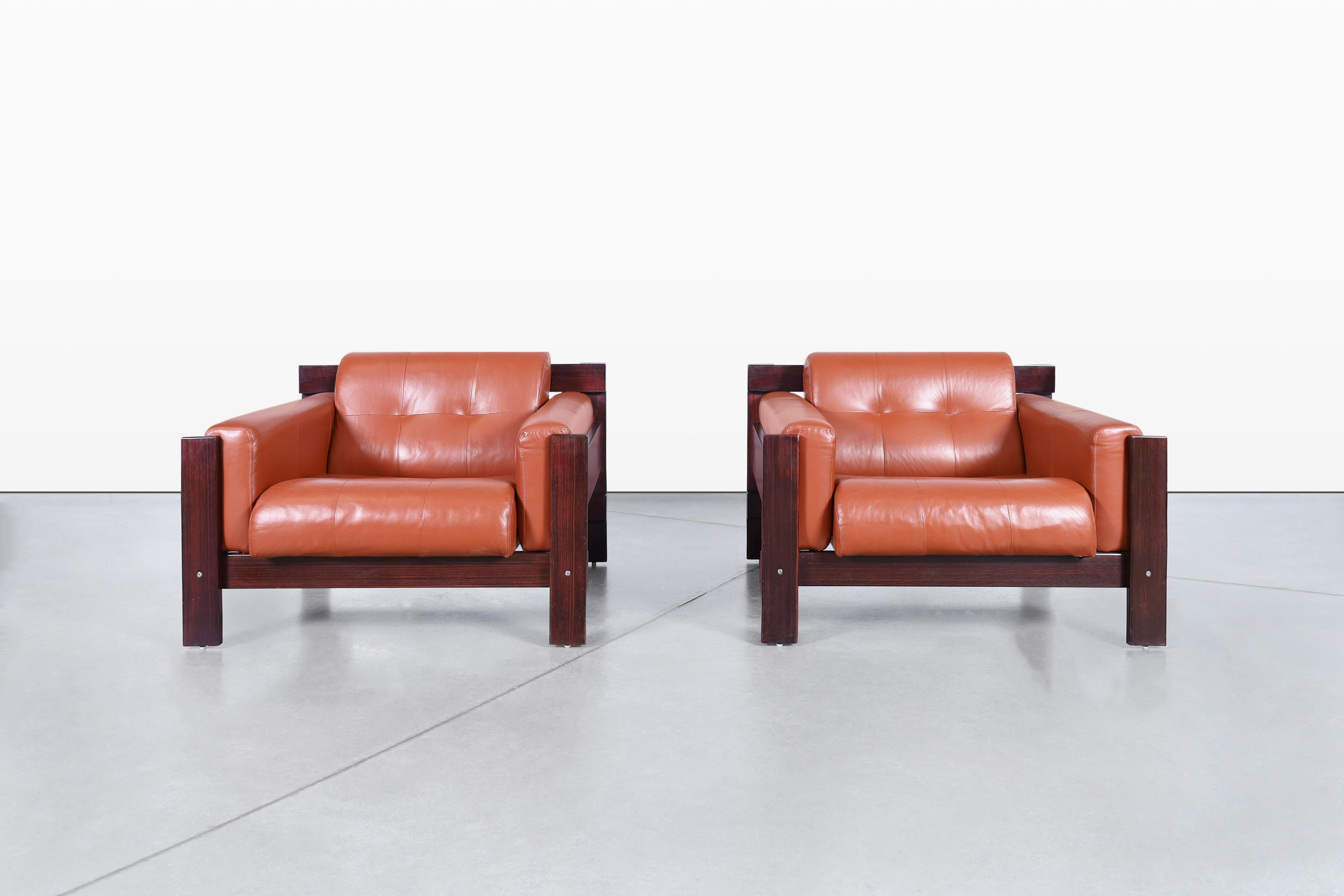 Mid-Century Modern Vintage Brazilian Rosewood & Leather Lounge Chairs by Percival Lafer For Sale
